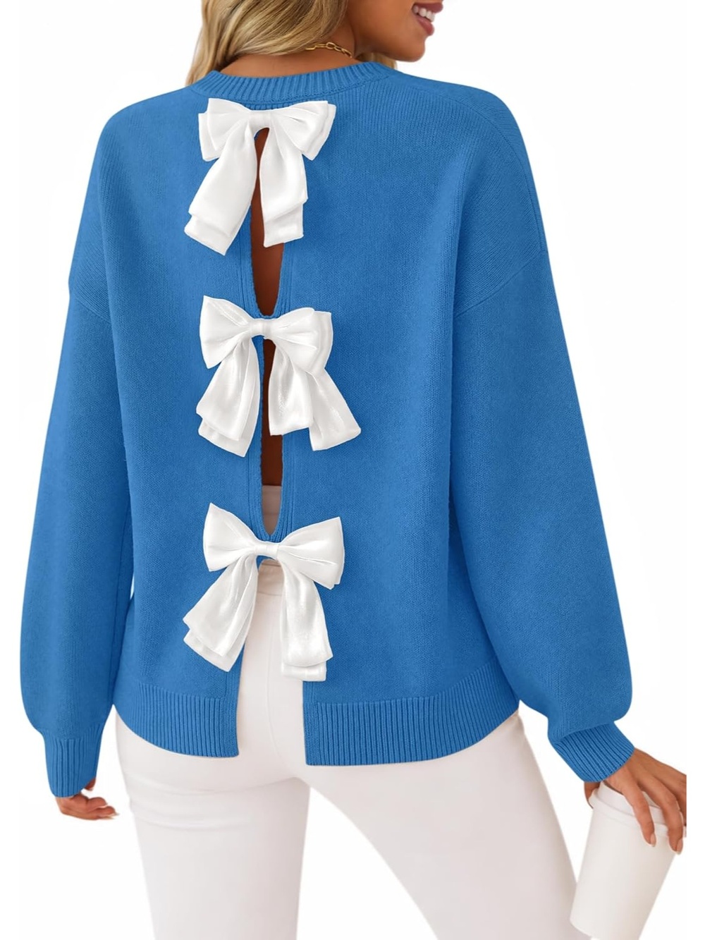 🆕 Women's Klein Blue White Fall Bow Knot Oversized Casual Pullover Sweaters